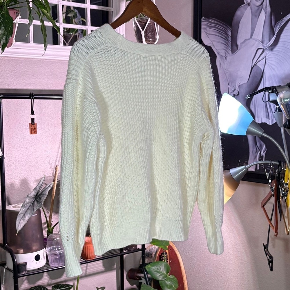 Exlura Cardigan Sweater Women Large Cream Chunky Pointelle Knit V-Neck Cozy - Picture 5 of 11